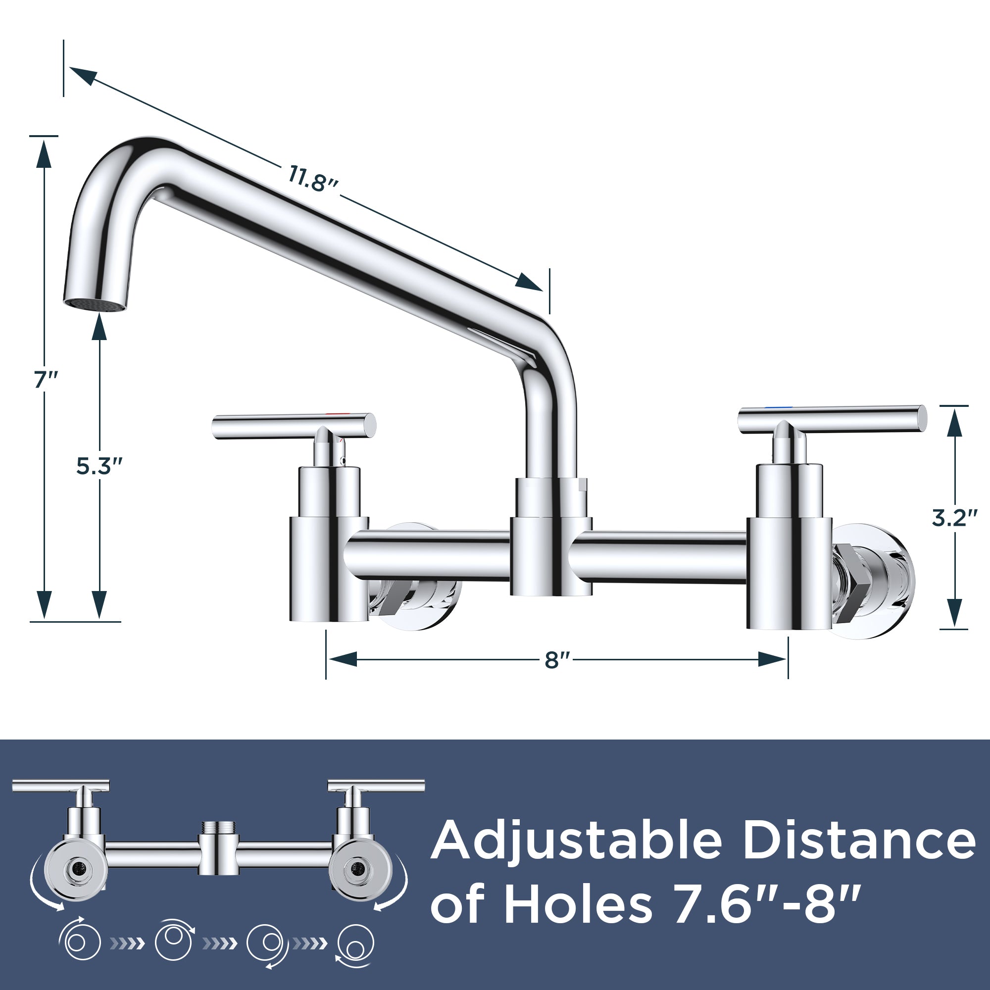 FORIOUS Wall Mount Kitchen Faucet, Adjustable 8" Center Commercial Chrome | No-Lead Stainless Steel Kitchen Sink Faucet, 12 Inch 360° Swivel Spout, 2 Handle for Utility Laundry Room Restaurant Outdoor