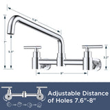 FORIOUS Wall Mount Kitchen Faucet, Adjustable 8" Center Commercial Chrome | No-Lead Stainless Steel Kitchen Sink Faucet, 12 Inch 360° Swivel Spout, 2 Handle for Utility Laundry Room Restaurant Outdoor