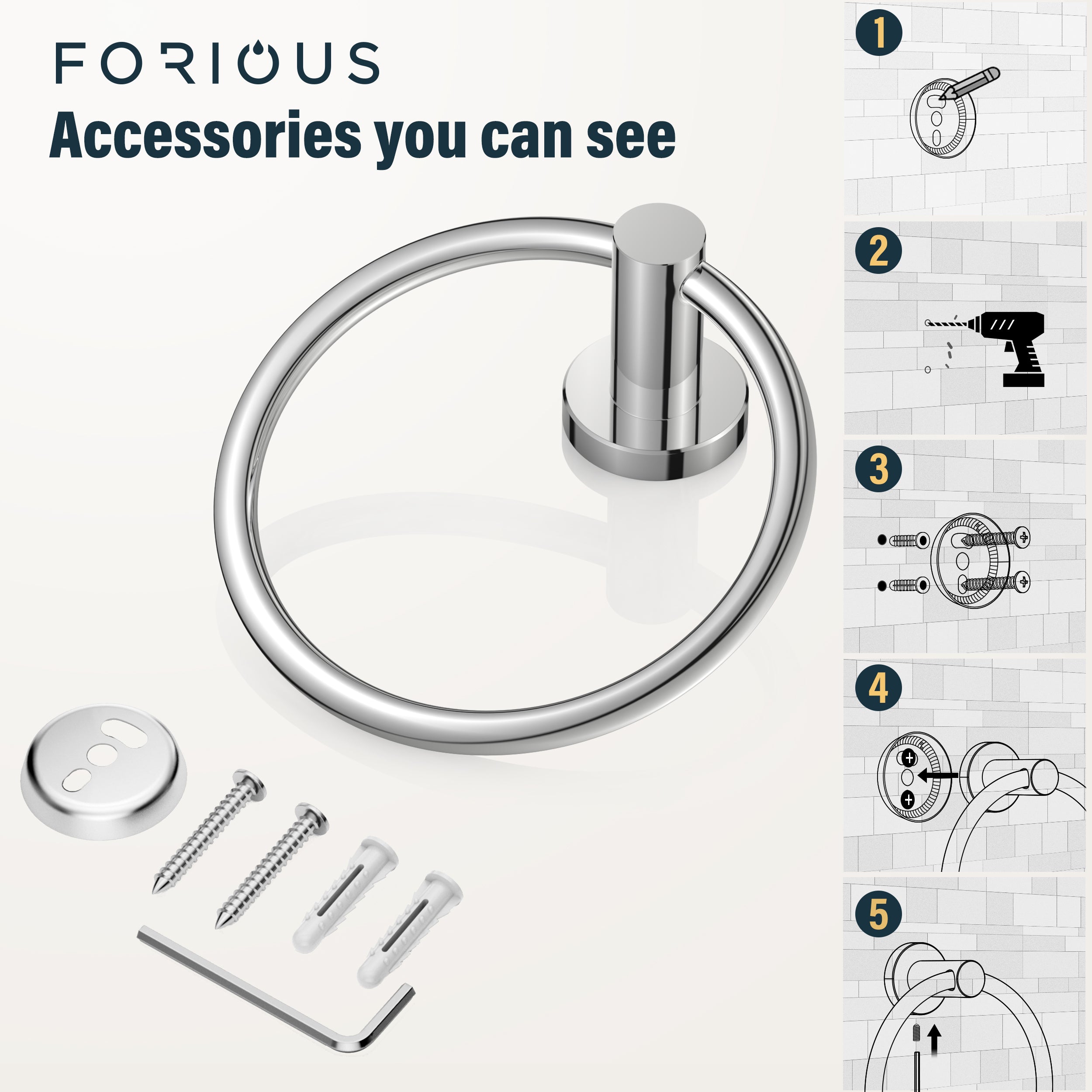 FORIOUS Towel Ring, SUS304 Stainless Steel Modern Hand Towel Holder Rack Hanger Round for Bathroom Wall Mounted, Ideal for Bath, Kitchen, RV (1, Chrome)