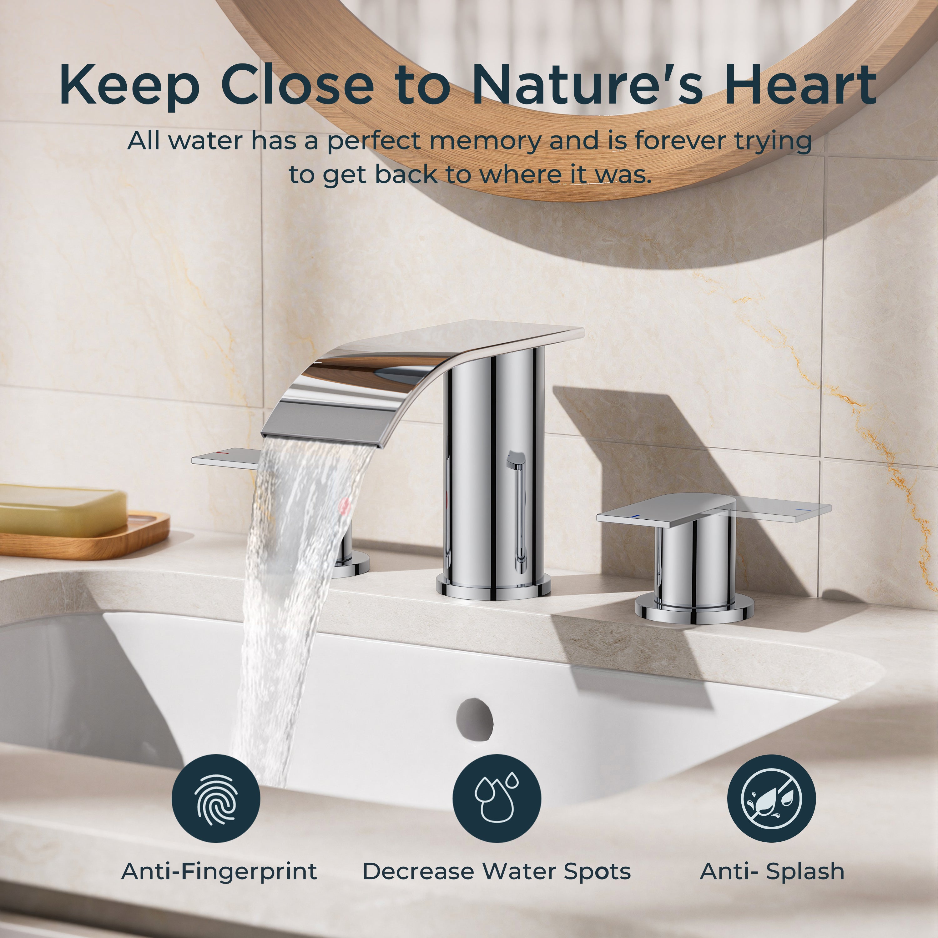 FORIOUS  Waterfall Bathroom Faucets ，8 Inch Widespread  with Metal Pop-up Drain