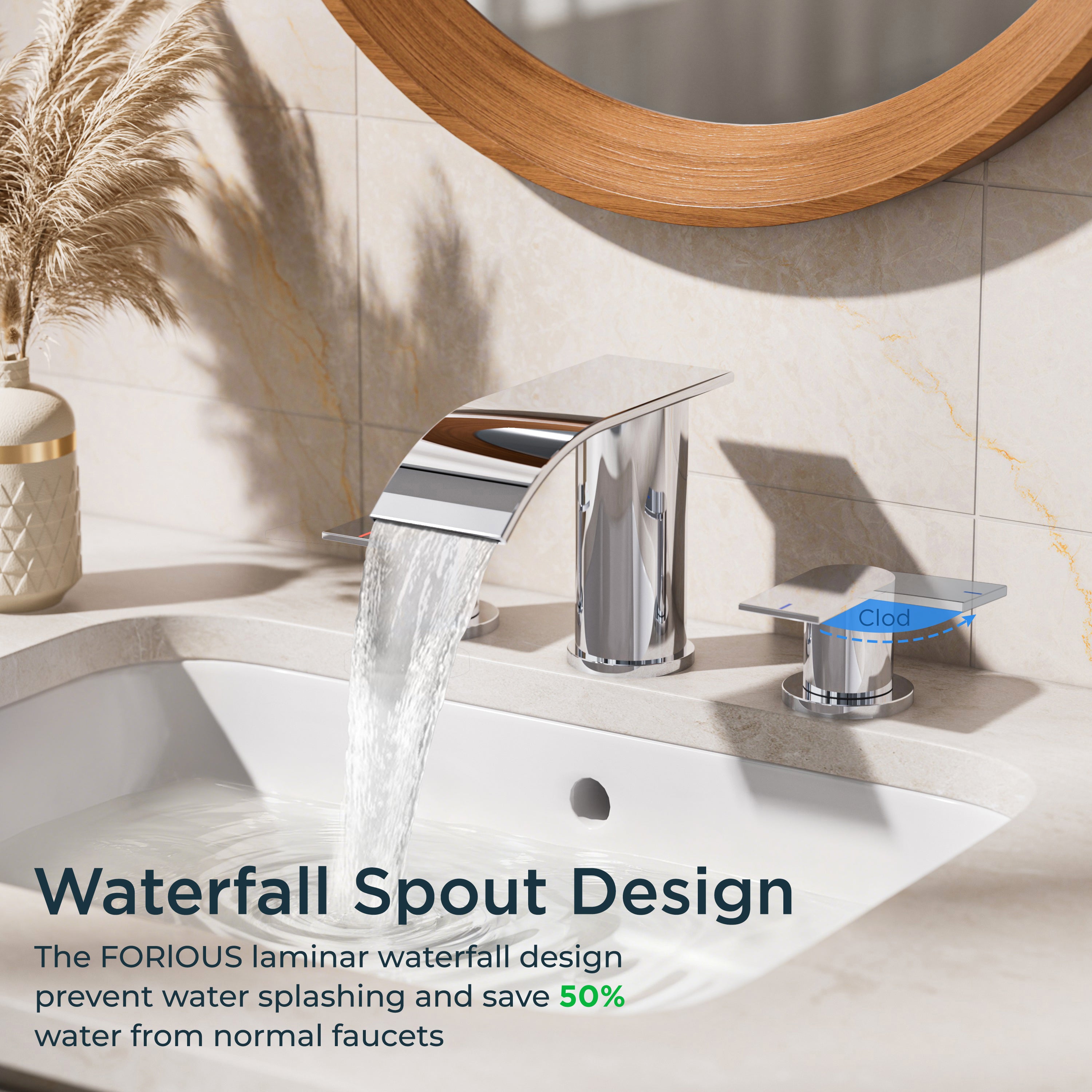 FORIOUS  Waterfall Bathroom Faucets ，8 Inch Widespread  with Metal Pop-up Drain