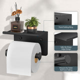 FORIOUS Toilet Paper Holder with Shelf, Adhesive or Screw Wall Mount Toilet Roll Holder for Bathroom, Rustproof 304 Stainless Steel Commercial Toilet Tissue Holder with Storage, Matte Black
