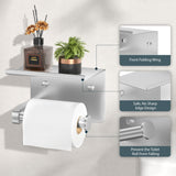 FORIOUS Toilet Paper Holder with Shelf, Adhesive or Screw Wall Mount Toilet Roll Holder for Bathroom, Rustproof 304 Stainless Steel Commercial Toilet Tissue Holder with Storage, Brushed Nickel