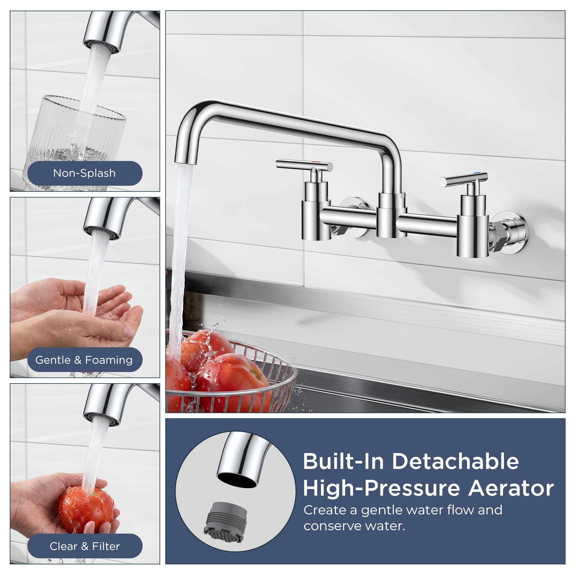 FORIOUS Wall Mount Kitchen Faucet, Adjustable 8" Center Commercial Chrome | No-Lead Stainless Steel Kitchen Sink Faucet, 12 Inch 360° Swivel Spout, 2 Handle for Utility Laundry Room Restaurant Outdoor