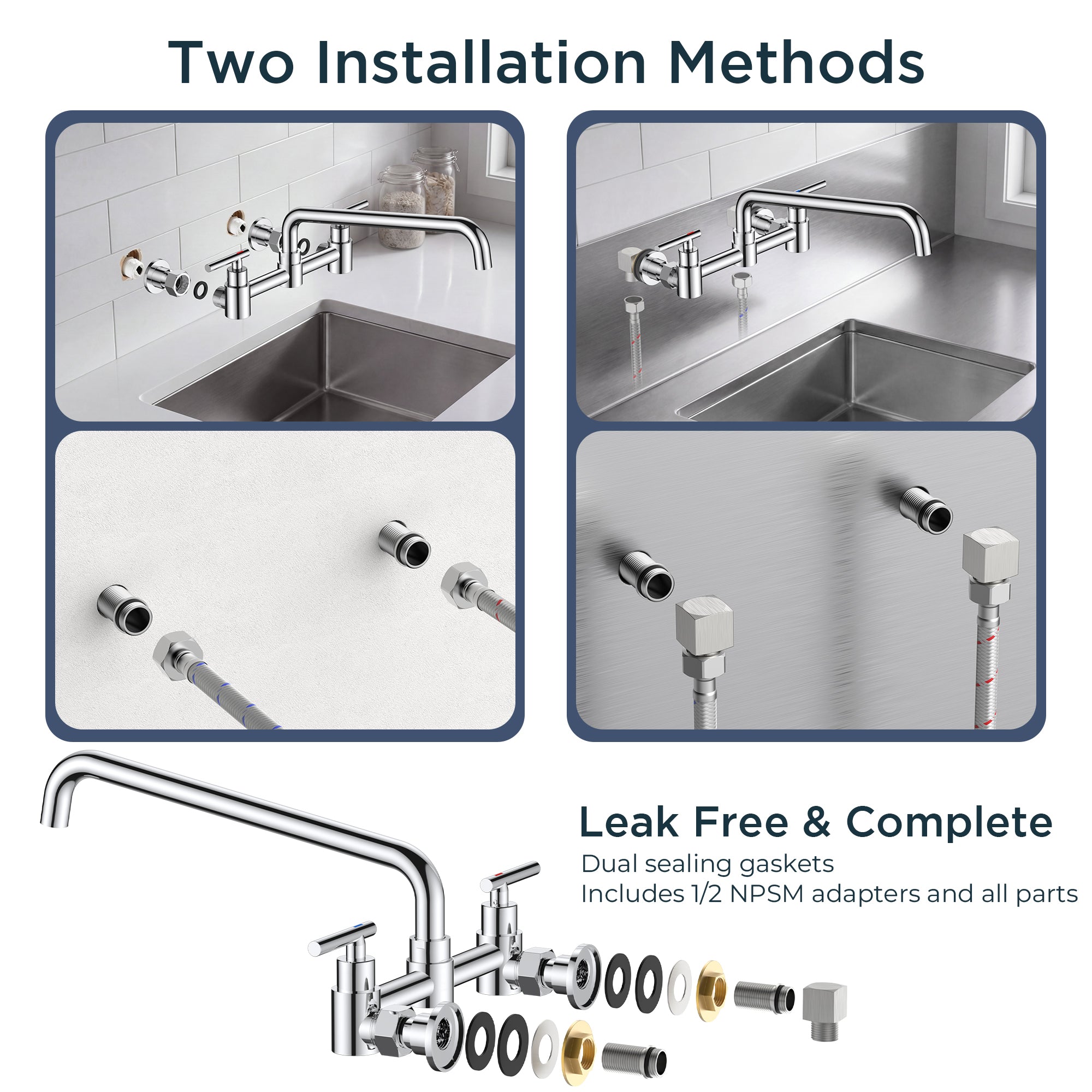 FORIOUS Wall Mount Kitchen Faucet, Adjustable 8" Center Commercial Chrome | No-Lead Stainless Steel Kitchen Sink Faucet, 12 Inch 360° Swivel Spout, 2 Handle for Utility Laundry Room Restaurant Outdoor