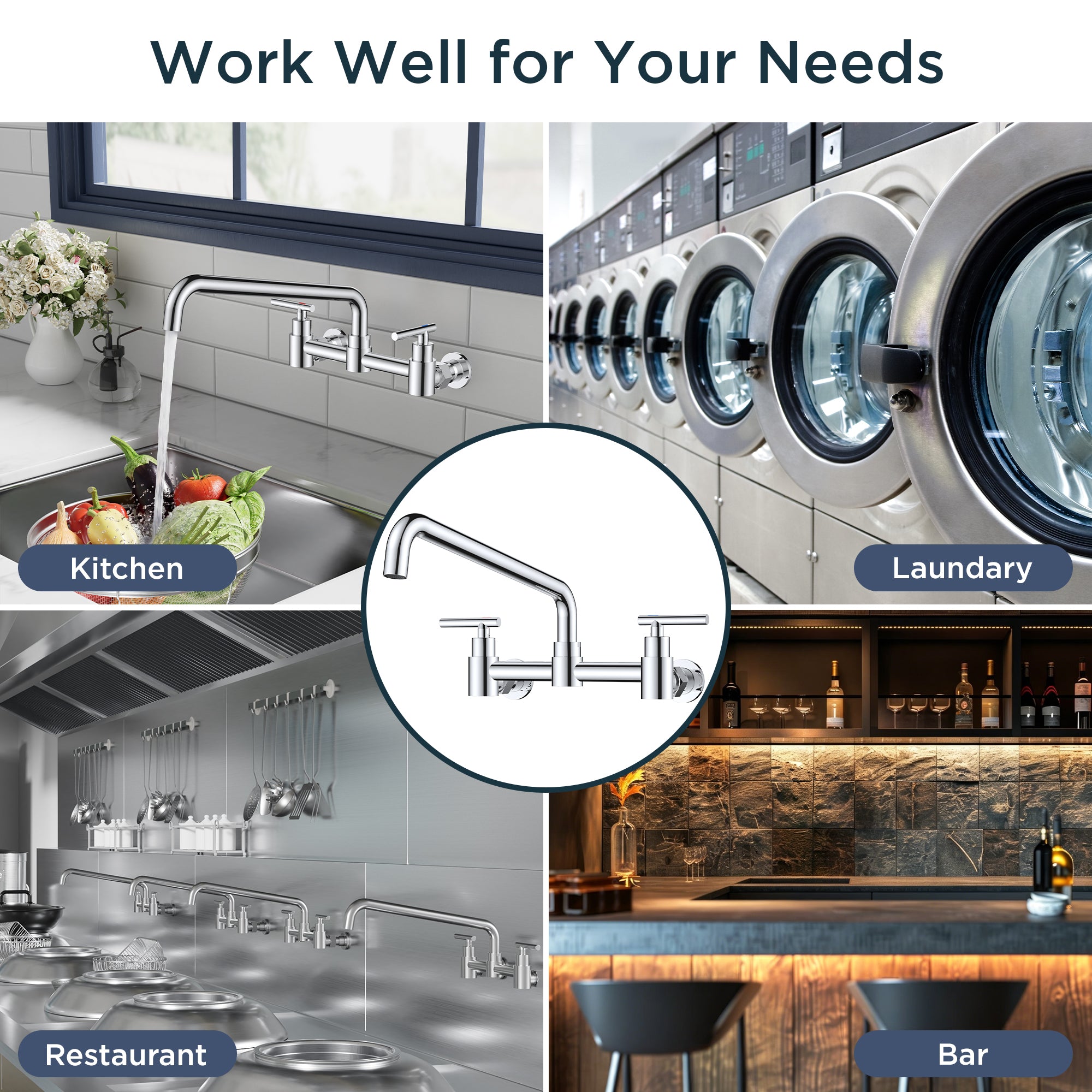 FORIOUS Wall Mount Kitchen Faucet, Adjustable 8" Center Commercial Chrome | No-Lead Stainless Steel Kitchen Sink Faucet, 12 Inch 360° Swivel Spout, 2 Handle for Utility Laundry Room Restaurant Outdoor
