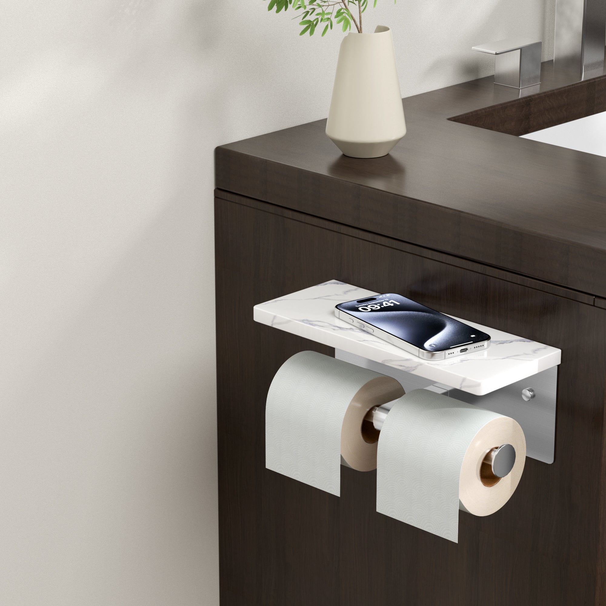 FORIOUS Toilet Paper Holder with Shelf, Marble Wall Mount Tissue Roll Holder for Bathroom, Washroom, 304 Stainless Steel Double Commercial Toilet Tissue Dispensers with Phone Shelf, Brushed Nickel