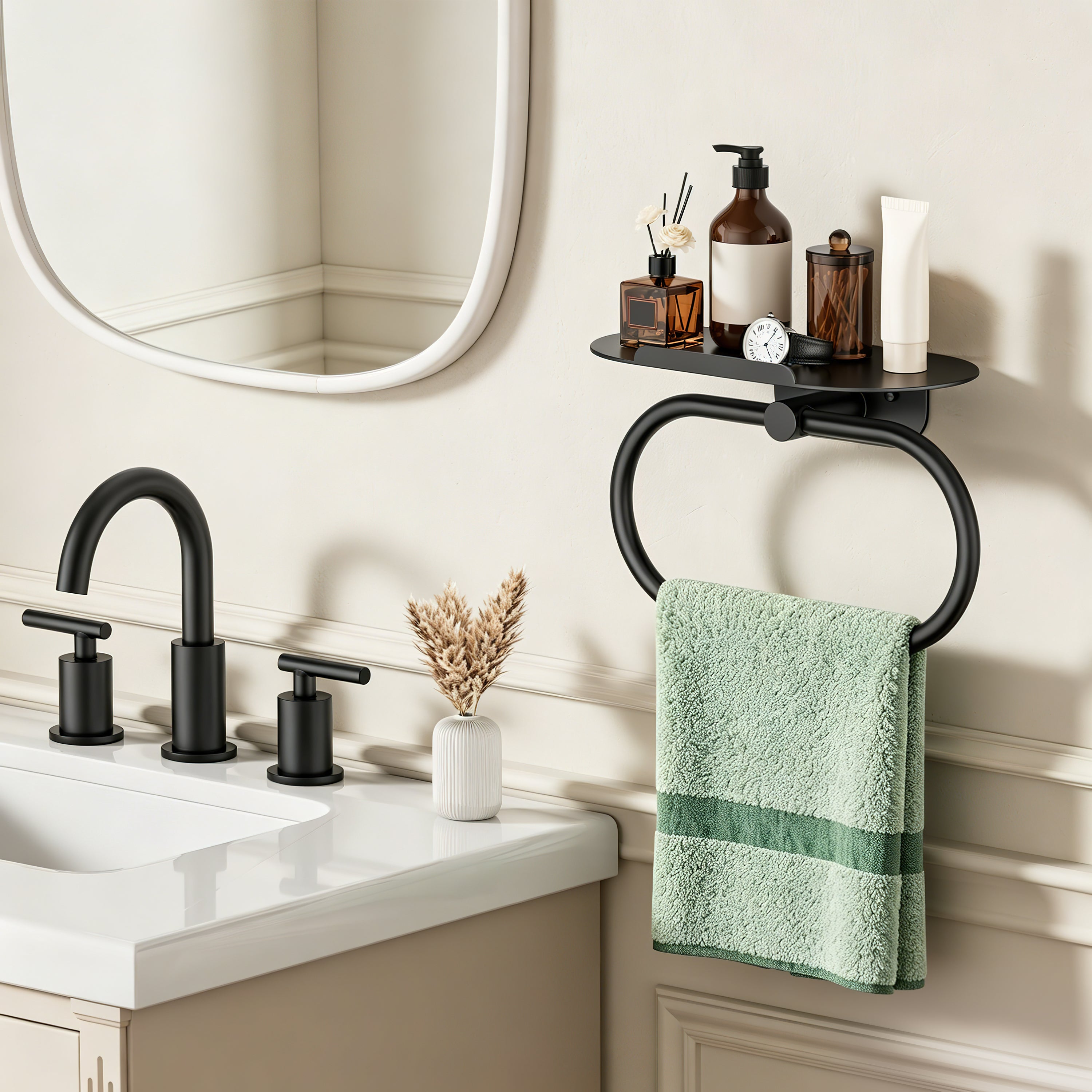 FORIOUS Hand Towel Holder with Shelf, Towel Ring for Bathroom Wall Mount | Matte Black, SUS304 Stainless Steel Modern Towel Ring, Bathroom Towel Holder, Hand Towel Hanger for Bathroom & Kitchen