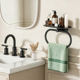 FORIOUS Hand Towel Holder with Shelf, Towel Ring for Bathroom Wall Mount | Matte Black, SUS304 Stainless Steel Modern Towel Ring, Bathroom Towel Holder, Hand Towel Hanger for Bathroom & Kitchen