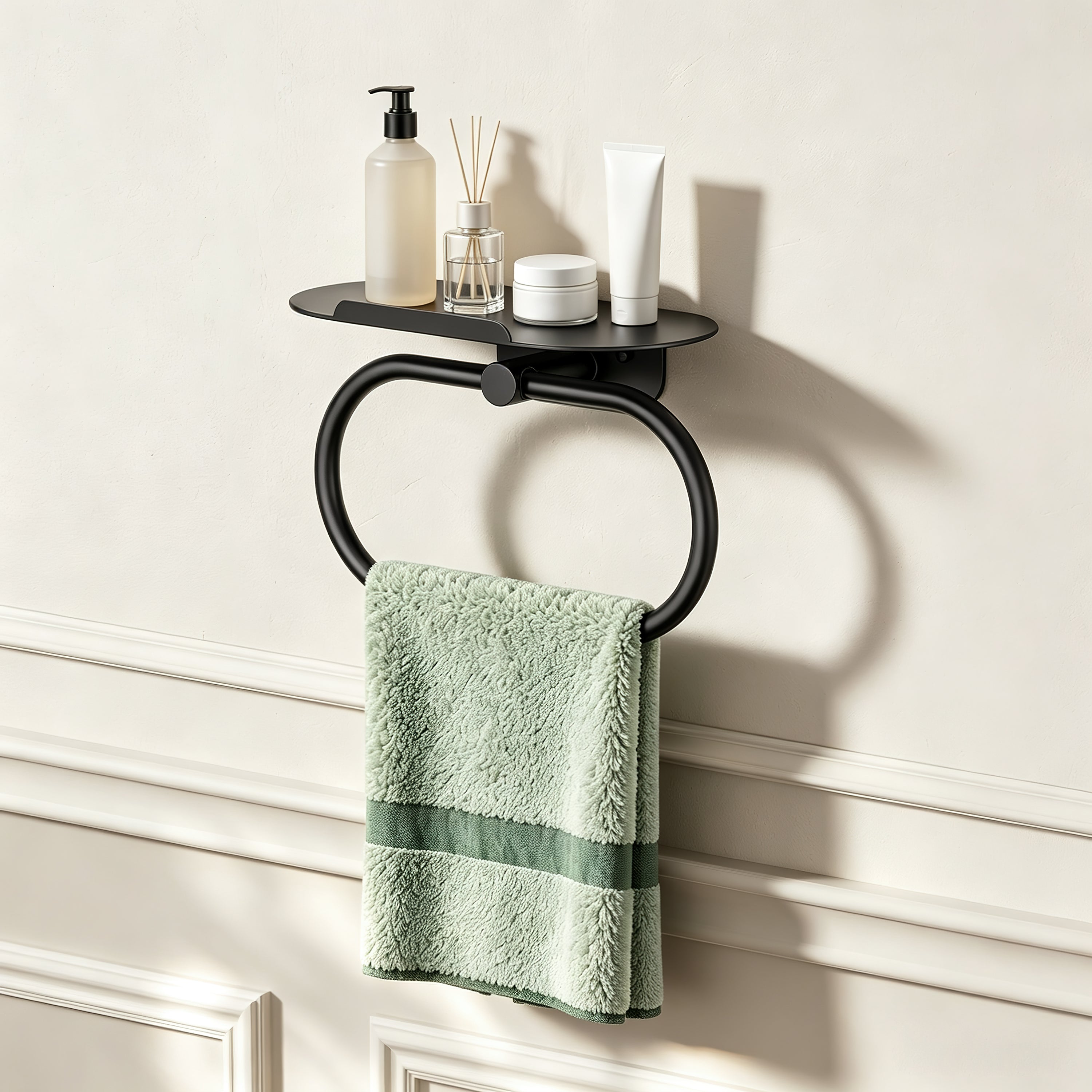 FORIOUS Hand Towel Holder with Shelf, Towel Ring for Bathroom Wall Mount | Matte Black, SUS304 Stainless Steel Modern Towel Ring, Bathroom Towel Holder, Hand Towel Hanger for Bathroom & Kitchen