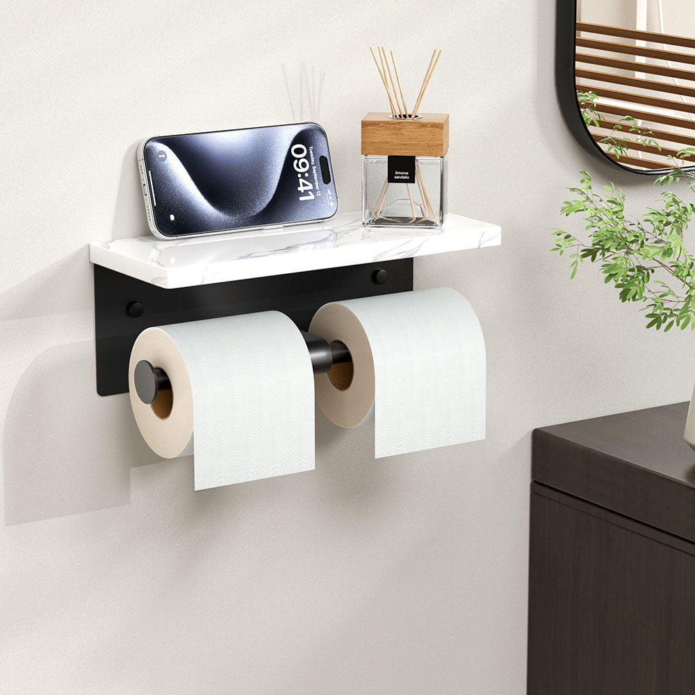 FORIOUS  Double Toilet Paper Holder with Shelf, Wall Mount Tissue Roll Holder for Bathroom, Washroom, 304 Stainless Steel Commercial Toilet Tissue Dispensers with Phone Shelf, Brushed Nickel FF11124B