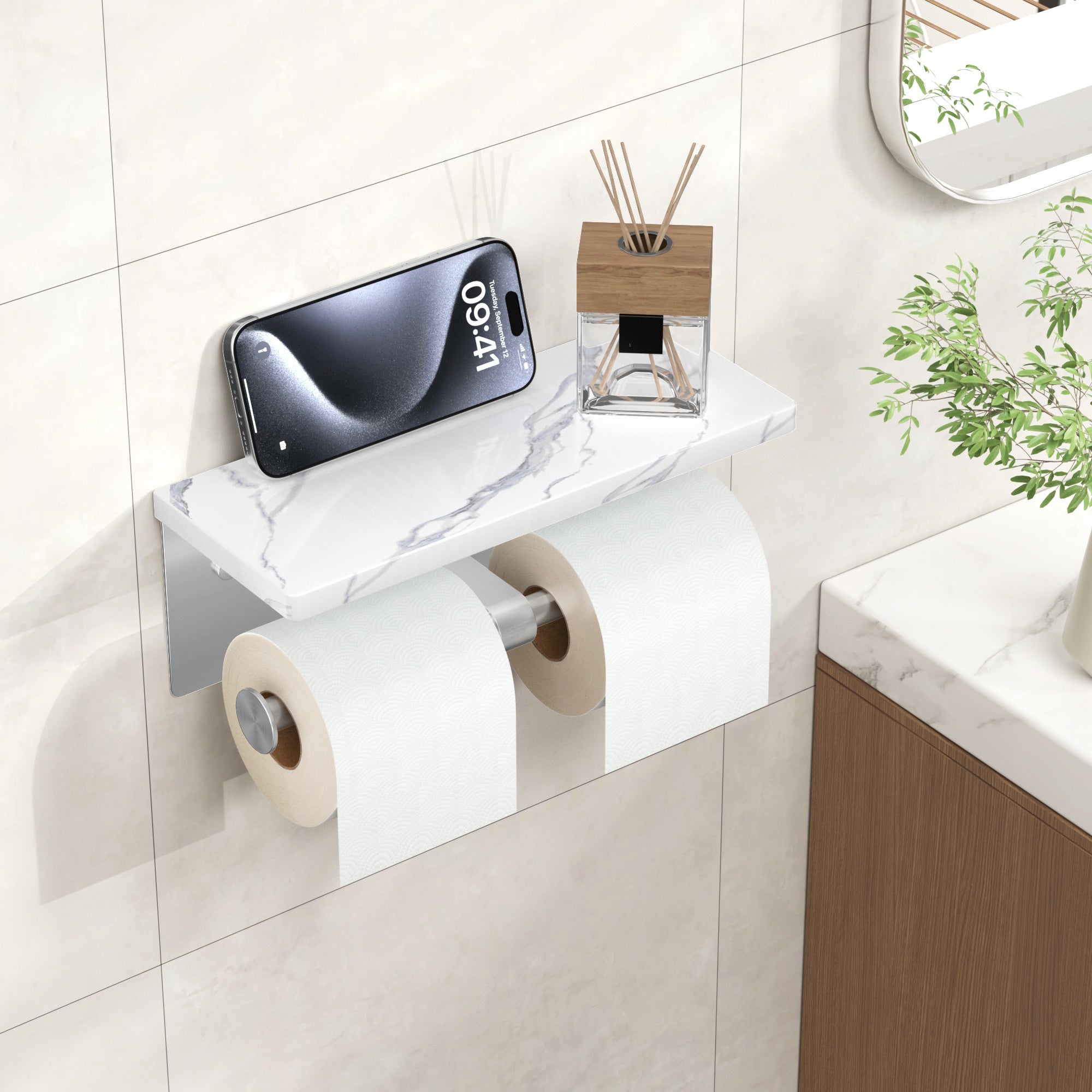 FORIOUS Toilet Paper Holder with Shelf, Marble Wall Mount Tissue Roll Holder for Bathroom, Washroom, 304 Stainless Steel Double Commercial Toilet Tissue Dispensers with Phone Shelf, Brushed Nickel