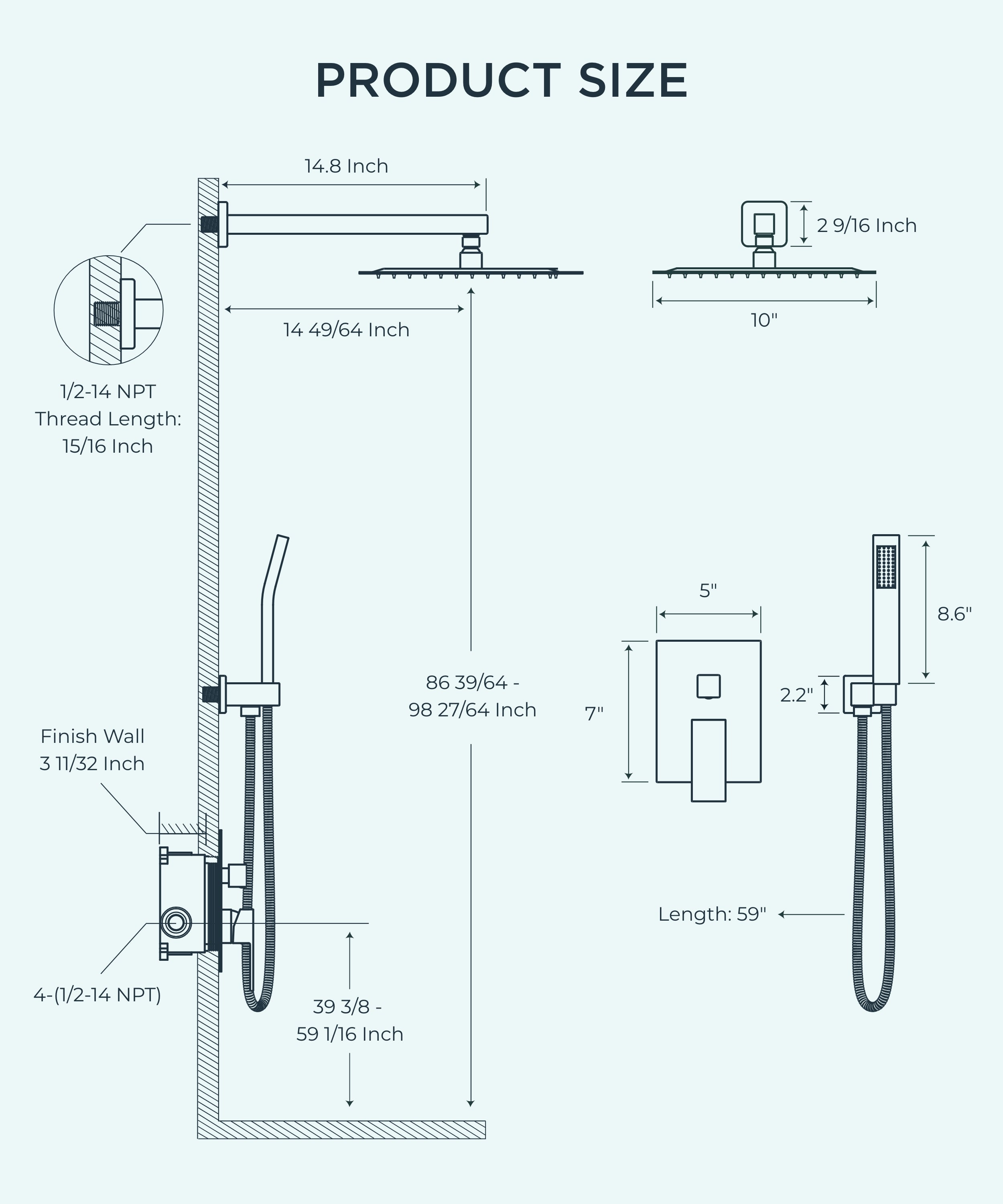 FORIOUS Shower Faucet Set-10 Inch，12Inch Shower System with Solid Brass Pressure Balanced Valve, Rainfall Shower Head and Handle Set, Wall Mounted Shower Fixtures Combo