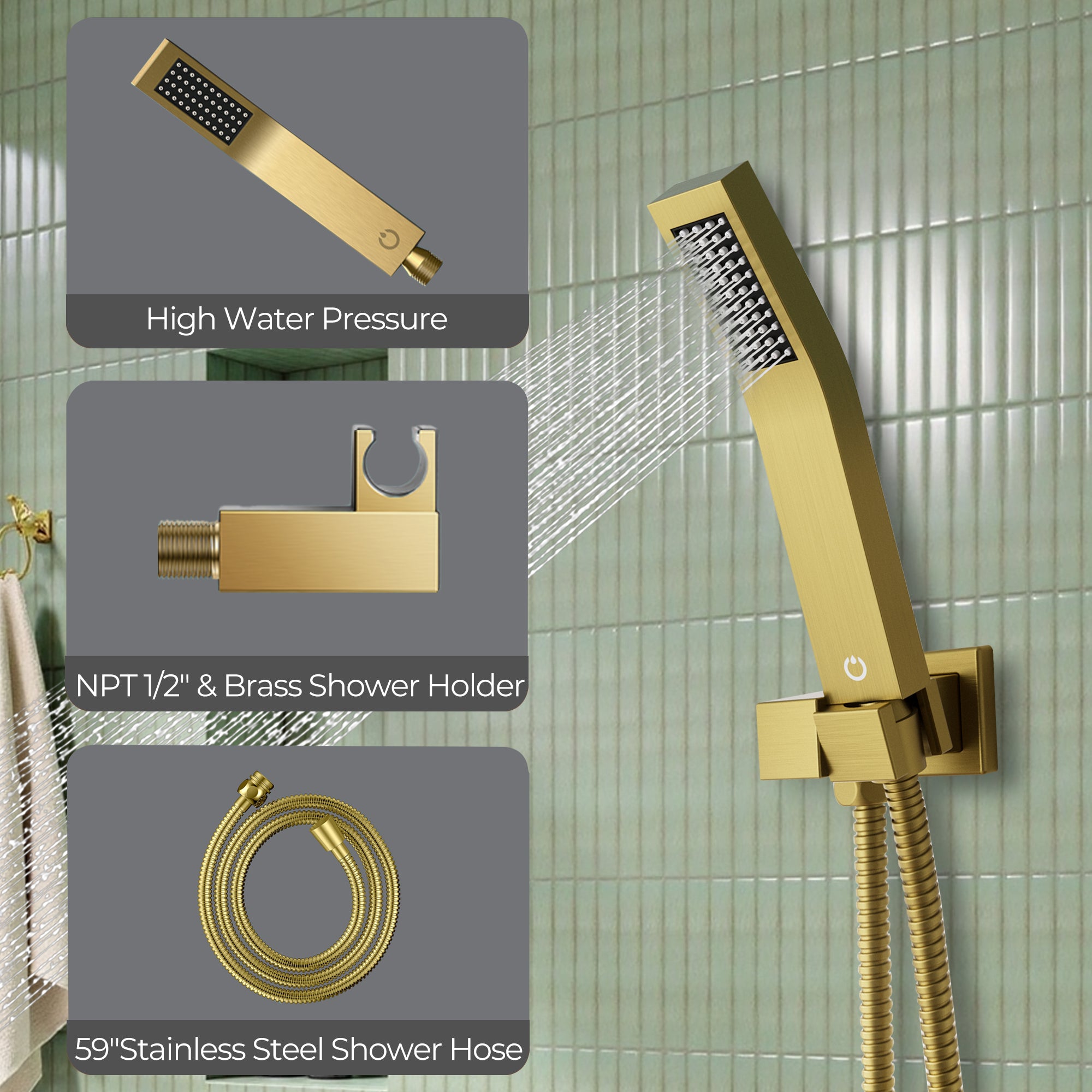 Forious Max     Gold Chrome 8 inch Bathroom Wall Mounted Rainfall Shower Head System with Faucet