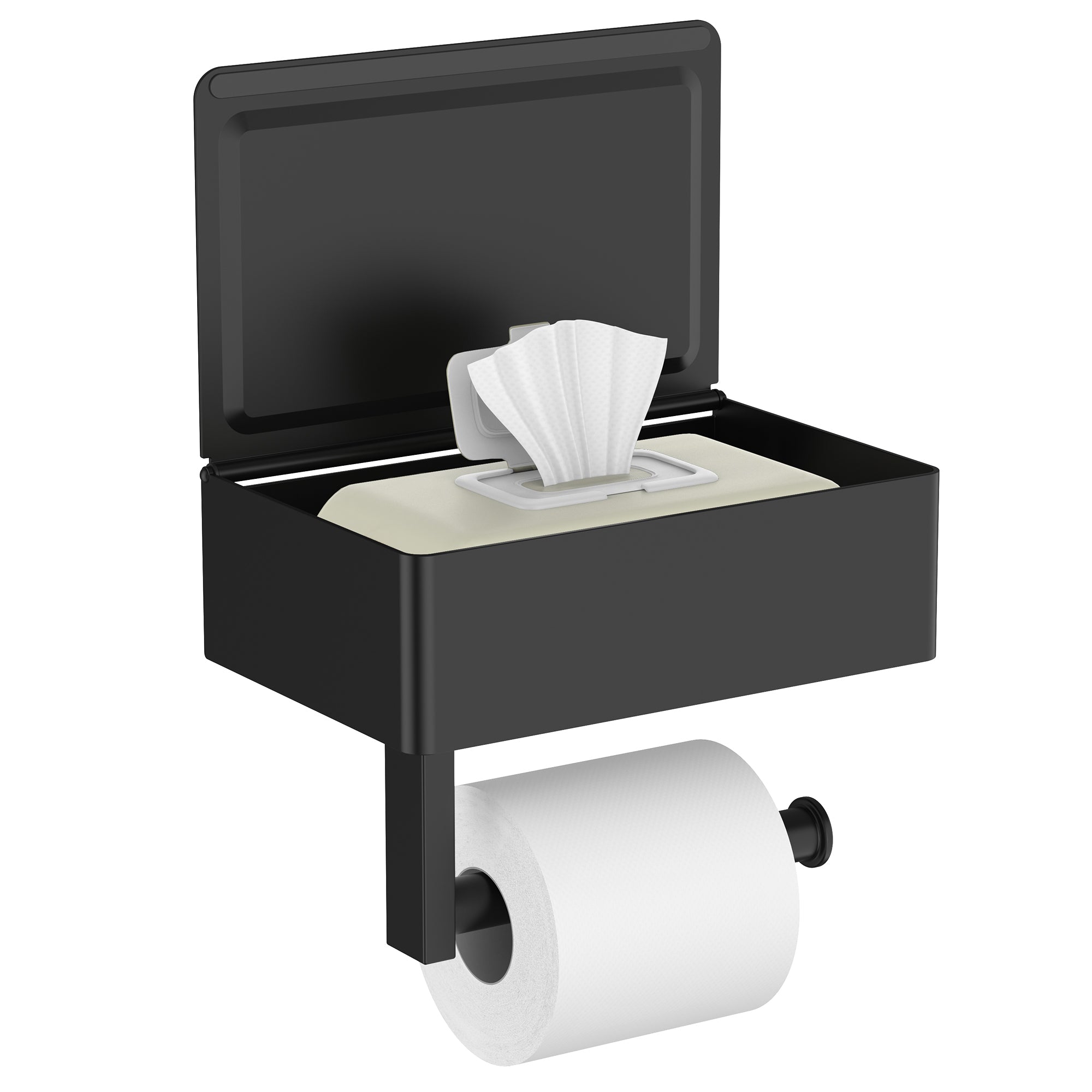 FORIOUS Toilet Paper Holder with Shelf, Wall-Mounted Modern Wipes Dispenser | Matte Black | Toilet Paper Holder with Storage for Bathroom | Fits Wipes, Sanitary Napkins, Tampons | 8.0"x5.3" Large Shelf