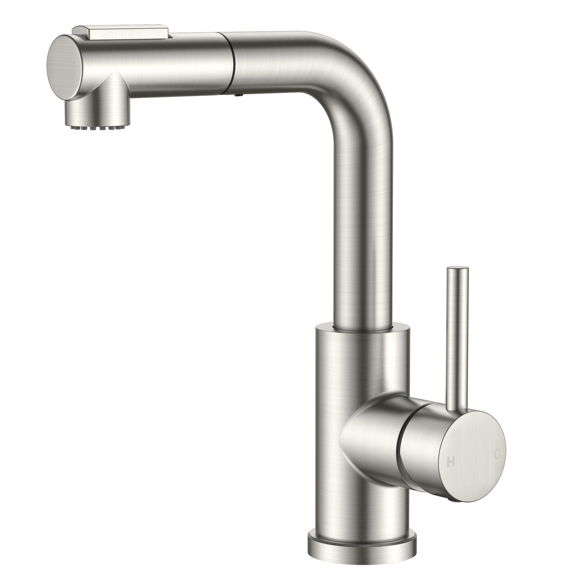 FORIOUS Modern Bar Sink Faucet Brushed Nickel, Stainless Steel Single Handle Small Kitchen Sink Faucet with Pull Out Sprayer, 360° Swivel Spout L-Shaped Design Suitable for Camper Outdoor Bathroom RV