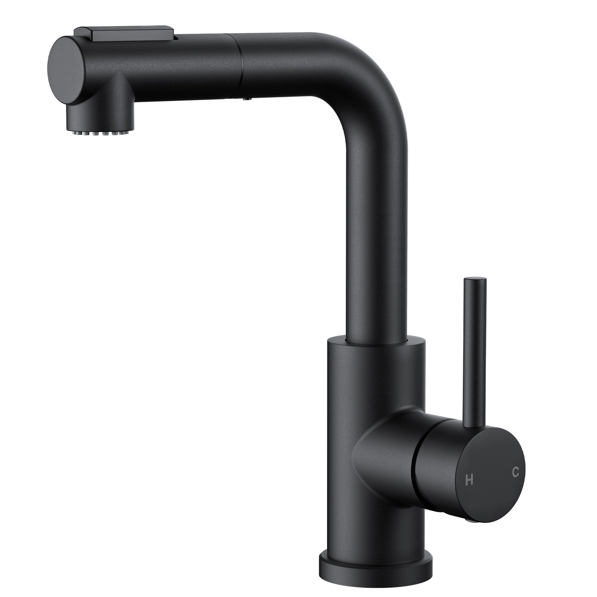 FORIOUS Modern Black Bar Sink Faucet, Stainless Steel Single Handle Small Pre Kitchen Sink Faucet with Pull Out Sprayer, 360° Swivel Spout L-Shaped Design Suitable for Camper Outdoor Bathroom RV