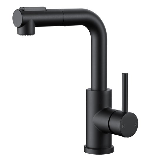 FORIOUS Modern Black Bar Sink Faucet, Stainless Steel Single Handle Small Pre Kitchen Sink Faucet with Pull Out Sprayer, 360° Swivel Spout L-Shaped Design Suitable for Camper Outdoor Bathroom RV