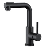 FORIOUS Modern Black Bar Sink Faucet, Stainless Steel Single Handle Small Pre Kitchen Sink Faucet with Pull Out Sprayer, 360° Swivel Spout L-Shaped Design Suitable for Camper Outdoor Bathroom RV