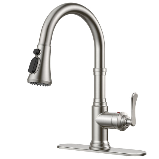 FORIOUS Vintage Kitchen Faucets with Pull Down Sprayer, Brushed Nickel High Arc Single Handle Stainless Steel Transitional Pull Out Sink Faucet for Farmhouse Camper Rv Bar, Fit for 1 or 3 Hole