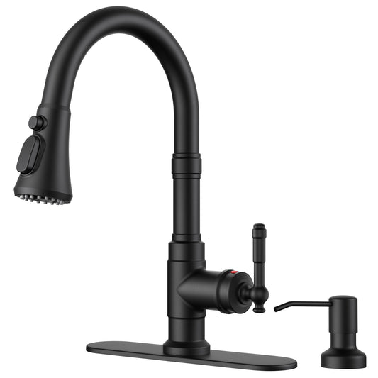 FORIOUS Vintage Kitchen Faucet with Soap Dispenser and Pull Down Sprayer, Matte Black High Arc Single Handle Stainless Steel Classic Sink Faucet for Farmhouse Camper Rv Bar, Fit for 1 or 3 Hole
