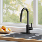 FORIOUS Black Kitchen Faucet with Pull Down Sprayer, High Arc Modern Classic Sink Faucet Stainless Steel with Deck Plate Fit for 1 or 3 Hole for Pot Filler Bar Farmhouse Laundry Rv