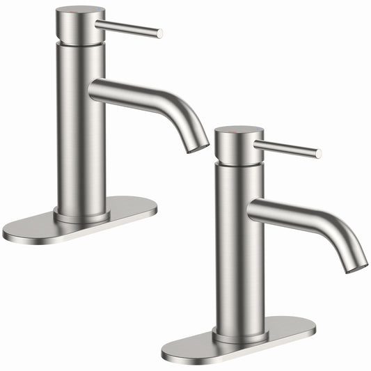 FORIOUS Bathroom Faucet 1 Hole, Brushed Nickel Single Handle Sink Faucets 2 Pack | for 1 or 3 Hole 4 Inch Centerset Sink, with Pop-up Drain, NSF61 Certified, for Vanity Rv Commercial Lavatory Restroom Basin
