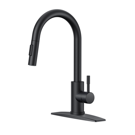 FORIOUS Black Kitchen Faucet with Pull Down Sprayer, High Arc Modern Classic Sink Faucet Stainless Steel with Deck Plate Fit for 1 or 3 Hole for Pot Filler Bar Farmhouse Laundry Rv