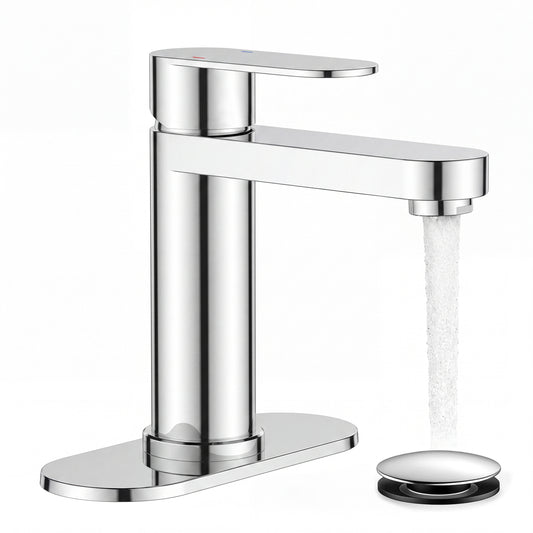 FORIOUS Bathroom Faucet 1 Hole, Single Handle Vanity Faucet Polished Chrome Bathroom Sink Faucet with Deck Plate, Fits 1 Hole and 4-Inch 3 Hole Install, for RV Vanity Lavatory Restroom Camper