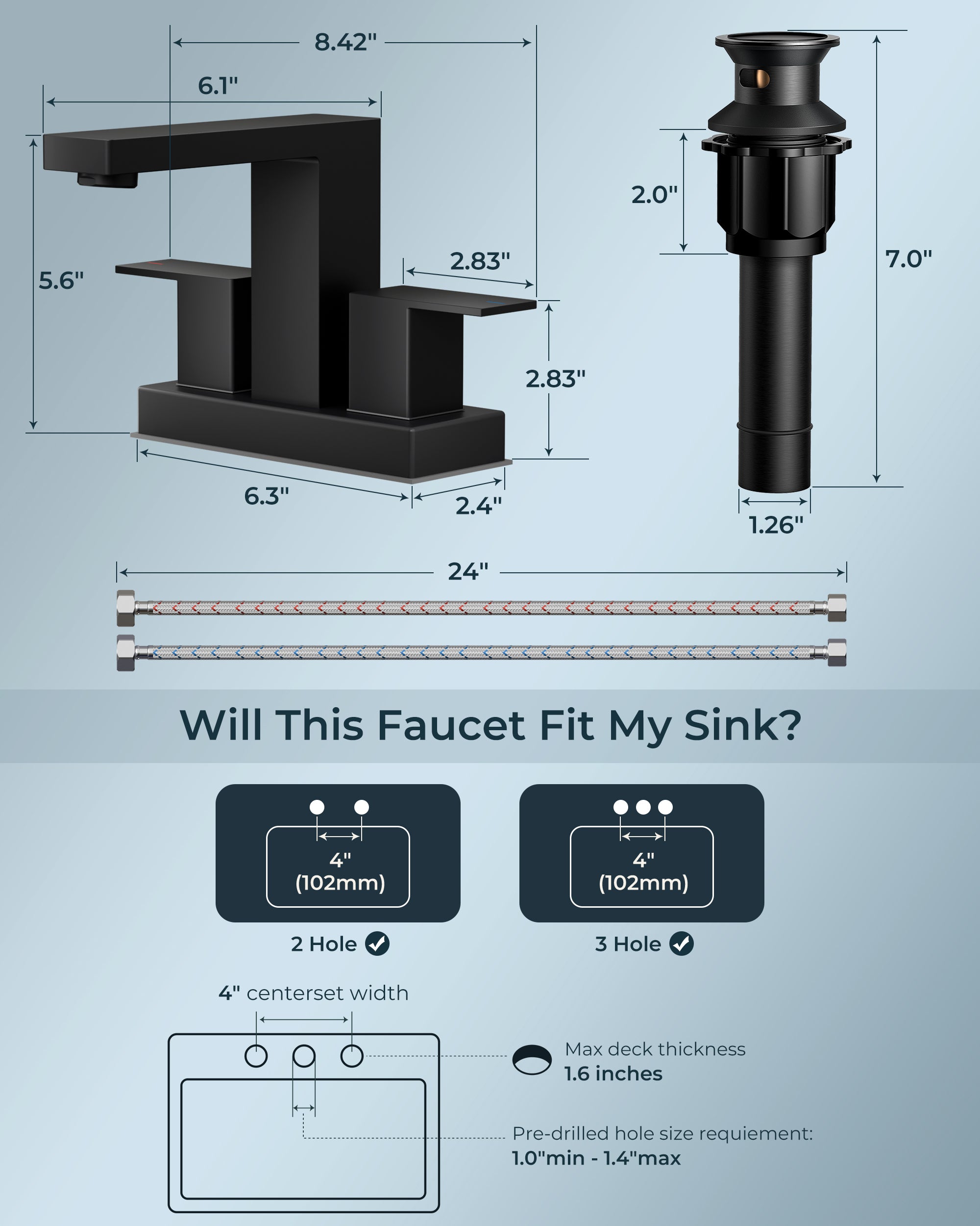 FORIOUS  Bathroom Faucets 2 Hole, 3 Hole Bathroom Sink Faucet , 2 Handle Centerset Faucet for Bathroom Sink with CUPC Hose, 4 Inch Bathroom Faucet for Sink, Silver Faucet