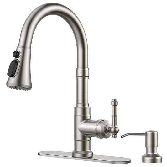 FORIOUS Vintage Kitchen Faucet with Soap Dispenser and Pull Down Sprayer, Brushed Nickel High Arc Single Handle Stainless Steel Classic Sink Faucet for Farmhouse Camper Rv Bar, Fit for 1 or 3 Hole