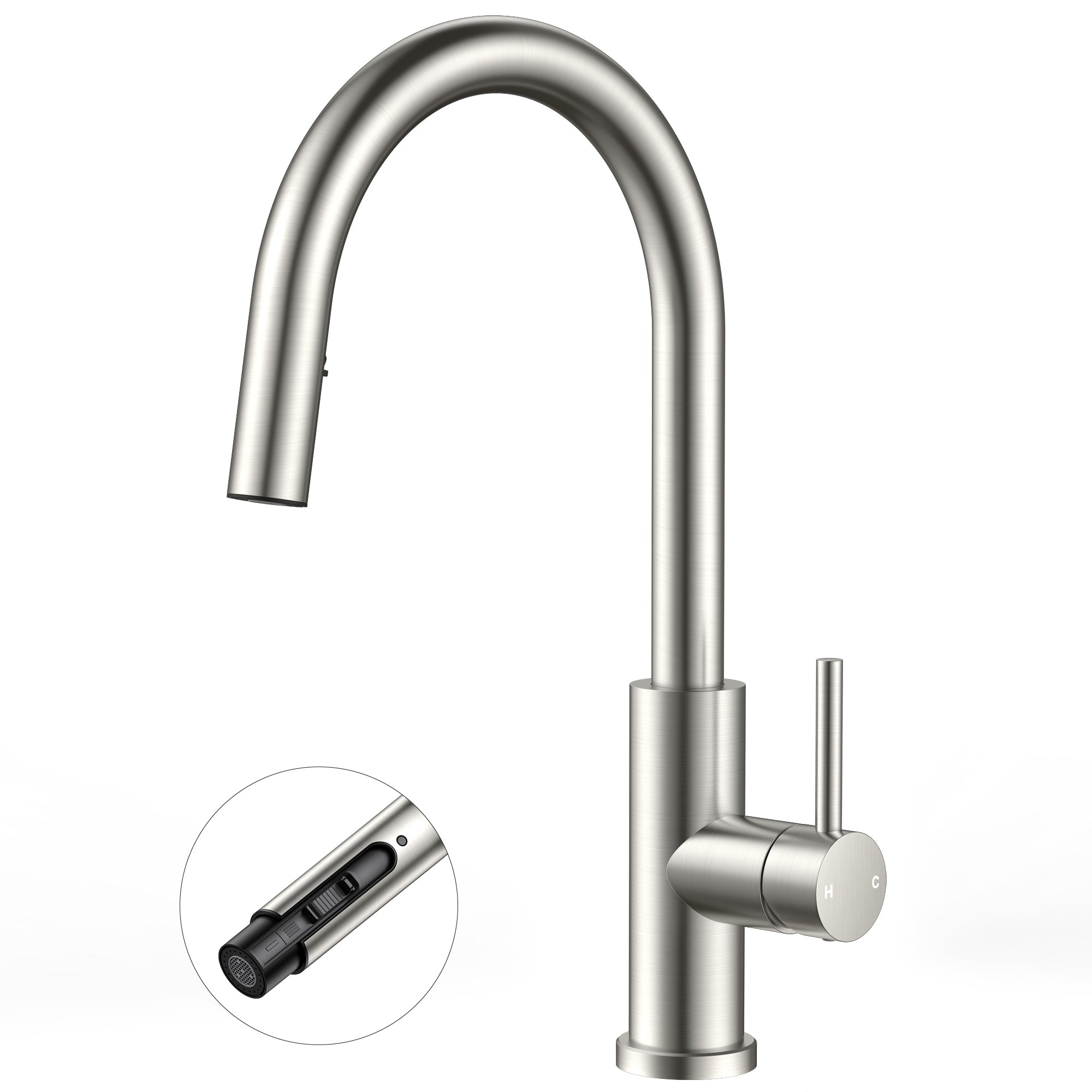 FORIOUS Kitchen Faucets with Pull Down Sprayer, Brushed Nickel Single Handle Stainless Steel High Arc Kitchen Sink Faucet with Deck Plate, 1 or 3 Hole Sink Faucet for Bar RV Outdoor Laundry