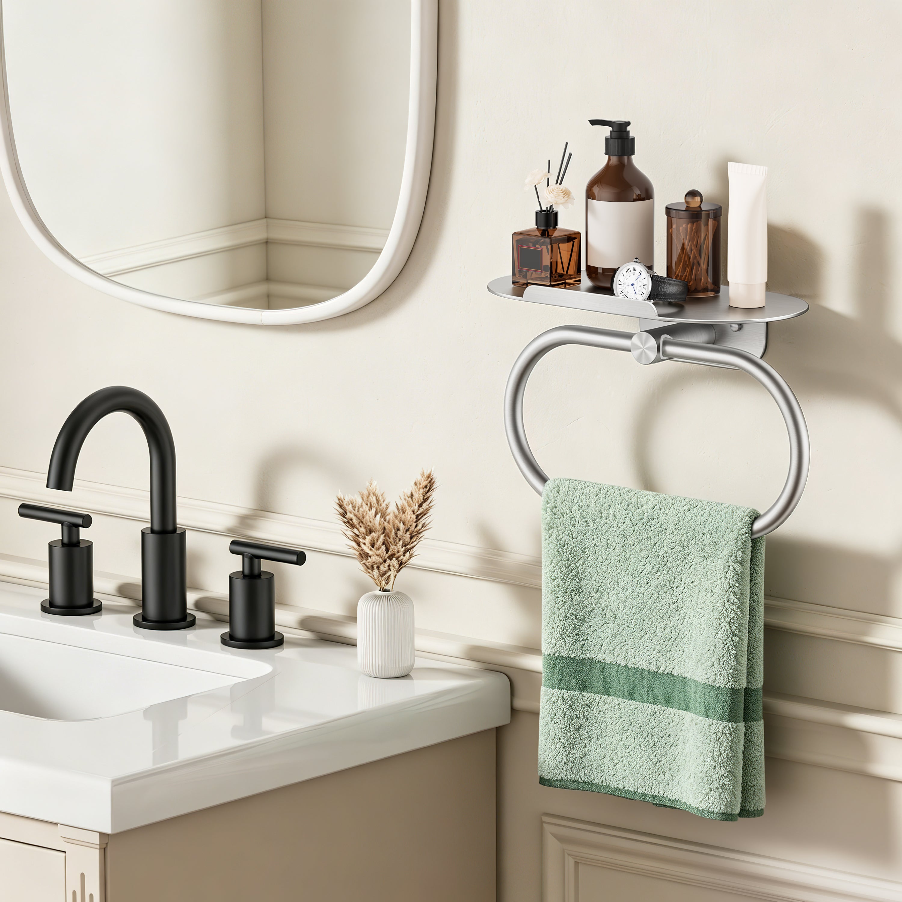 FORIOUS Hand Towel Holder with Shelf, Towel Ring for Bathroom Wall Mount | Matte Black, SUS304 Stainless Steel Modern Towel Ring, Bathroom Towel Holder, Hand Towel Hanger for Bathroom & Kitchen