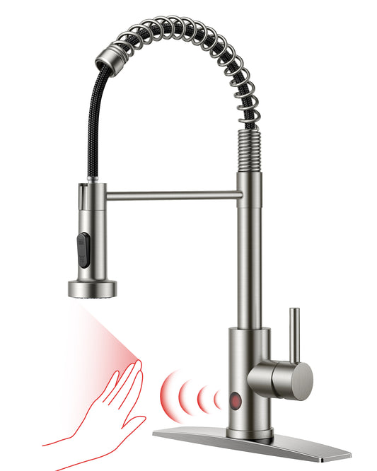 FORIOUS Touchless Kitchen Faucet Brushed Nickel, Smart Motion Sensor Spring Sink Faucet with Pull Down Sprayer Commercial Contemporary Hands-Free for Pot Filler, Farmhouse Camper Laundry Camper