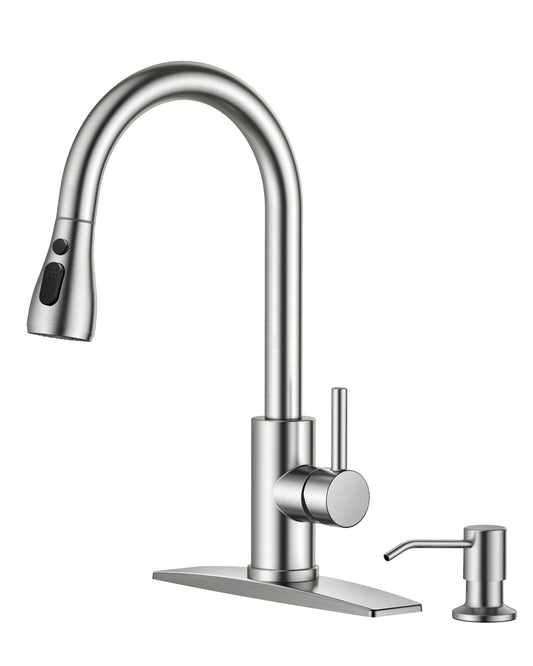 FORIOUS Kitchen Faucet with Soap Dispenser, Brushed Nickel, Single Handle Stainless Steel Transitional Sink Faucet with Pull Down Sprayer 1 or 3 Hole, Suitable for Farmhouse Laundry Camper RV Bar