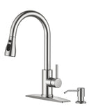 FORIOUS Kitchen Faucet with Soap Dispenser, Brushed Nickel, Single Handle Stainless Steel Transitional Sink Faucet with Pull Down Sprayer 1 or 3 Hole, Suitable for Farmhouse Laundry Camper RV Bar