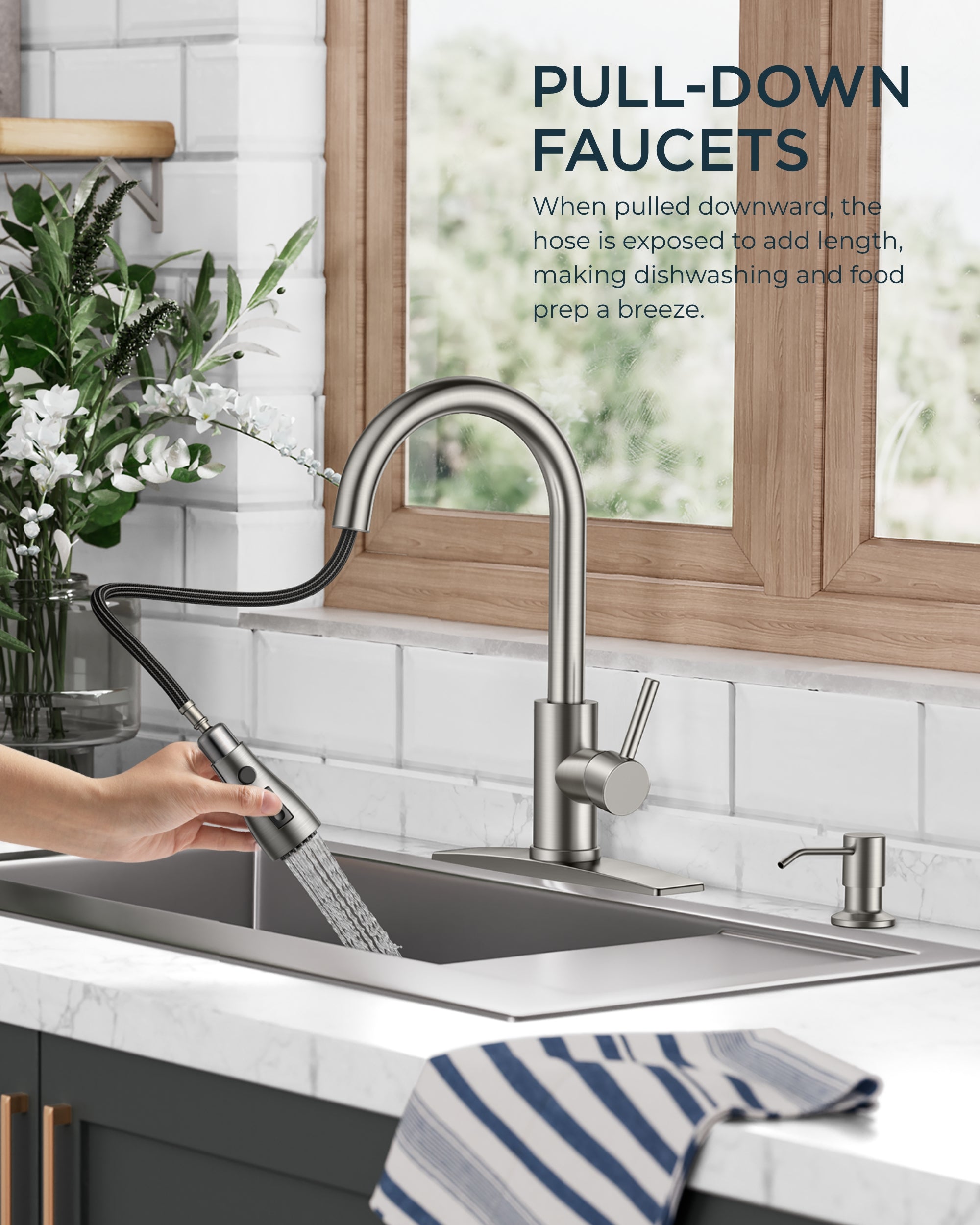 FORIOUS Kitchen Faucets with Soap Dispenser and Pull Down Sprayer, Brushed Nickel, Bar High Arc Single Handle Classic 3 Modes Stainless Steel Faucet for Kitchen Sink Farmhouse RV Laundry Camper