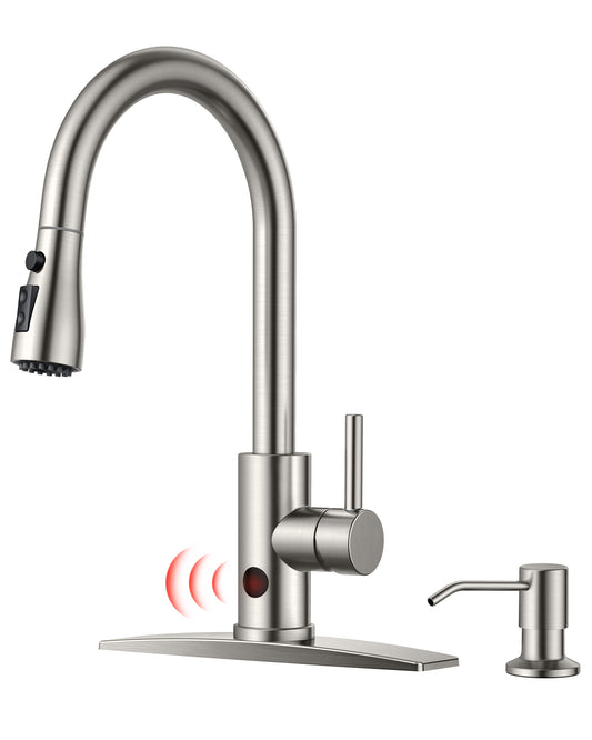 FORIOUS Touchless Kitchen Faucet with Soap Dispenser, Brushed Nickel, Hands-Free, Smart Motion Sensor Contemporary Bar Sink Faucet with Pull Down Sprayer for Farmhouse RV Camper