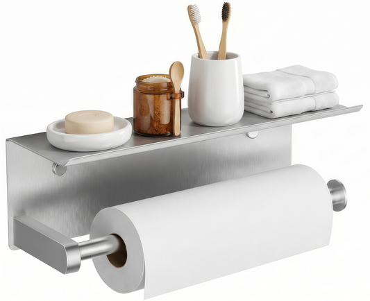 FORIOUS Wall Mount Paper Towel Holder with Shelf，Stainless Steel | Heavy Duty SUS304 Stainless Steel Paper Roll Organizer with Storage Spice Shelf, Screw-in for Kitchen, Bathroom, RV & Garage
