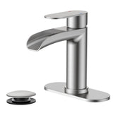 FORIOUS Single Handle Bathroom Faucet 1 Hole Vanity Sink Faucet Matte Black For 1 or 3 hole(4-inch centerset) Sink Setup, Modern Waterfall Spout, with Drain and Supply Lines for RV Vantiy Restroom