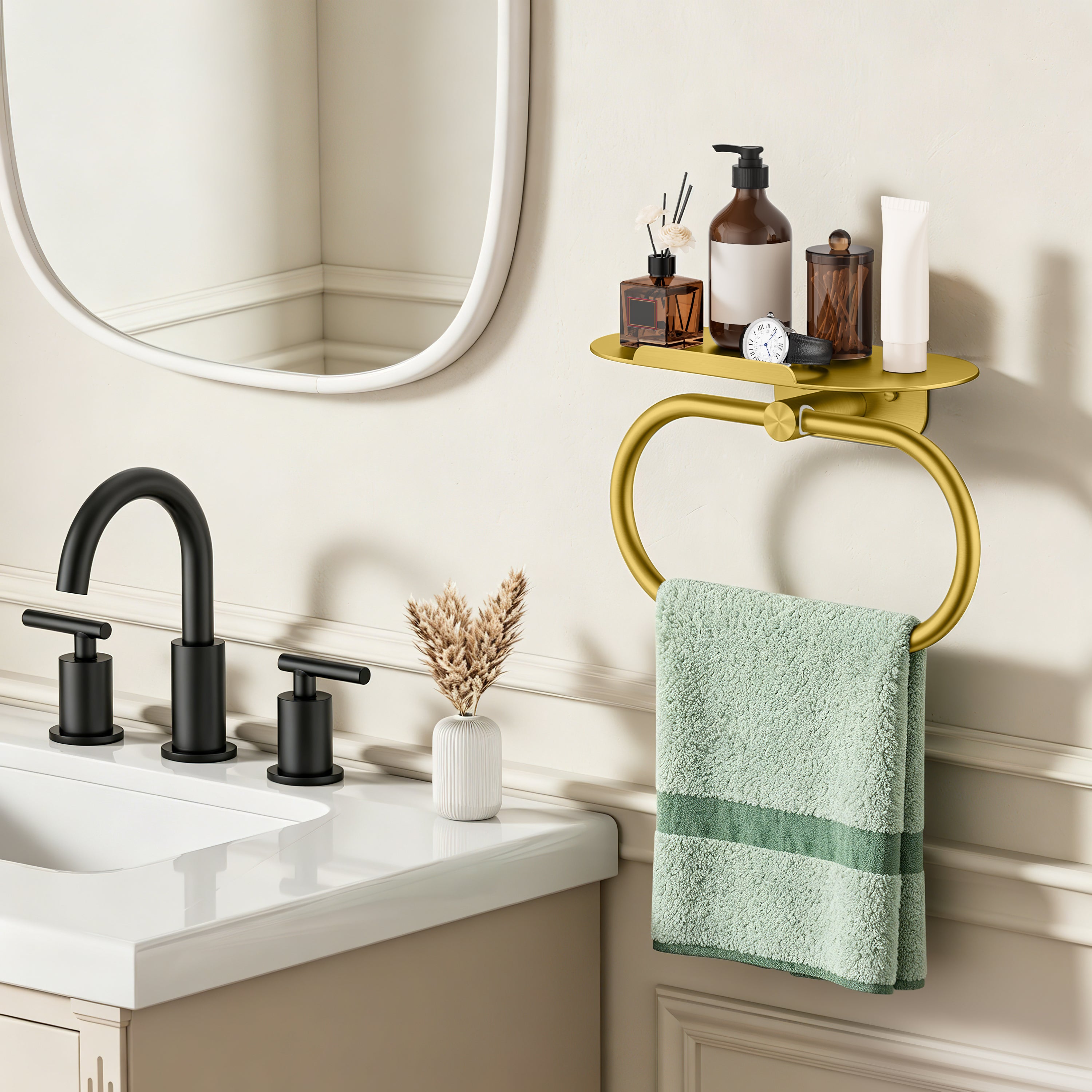 FORIOUS Hand Towel Holder with Shelf, Towel Ring for Bathroom Wall Mount | Matte Black, SUS304 Stainless Steel Modern Towel Ring, Bathroom Towel Holder, Hand Towel Hanger for Bathroom & Kitchen