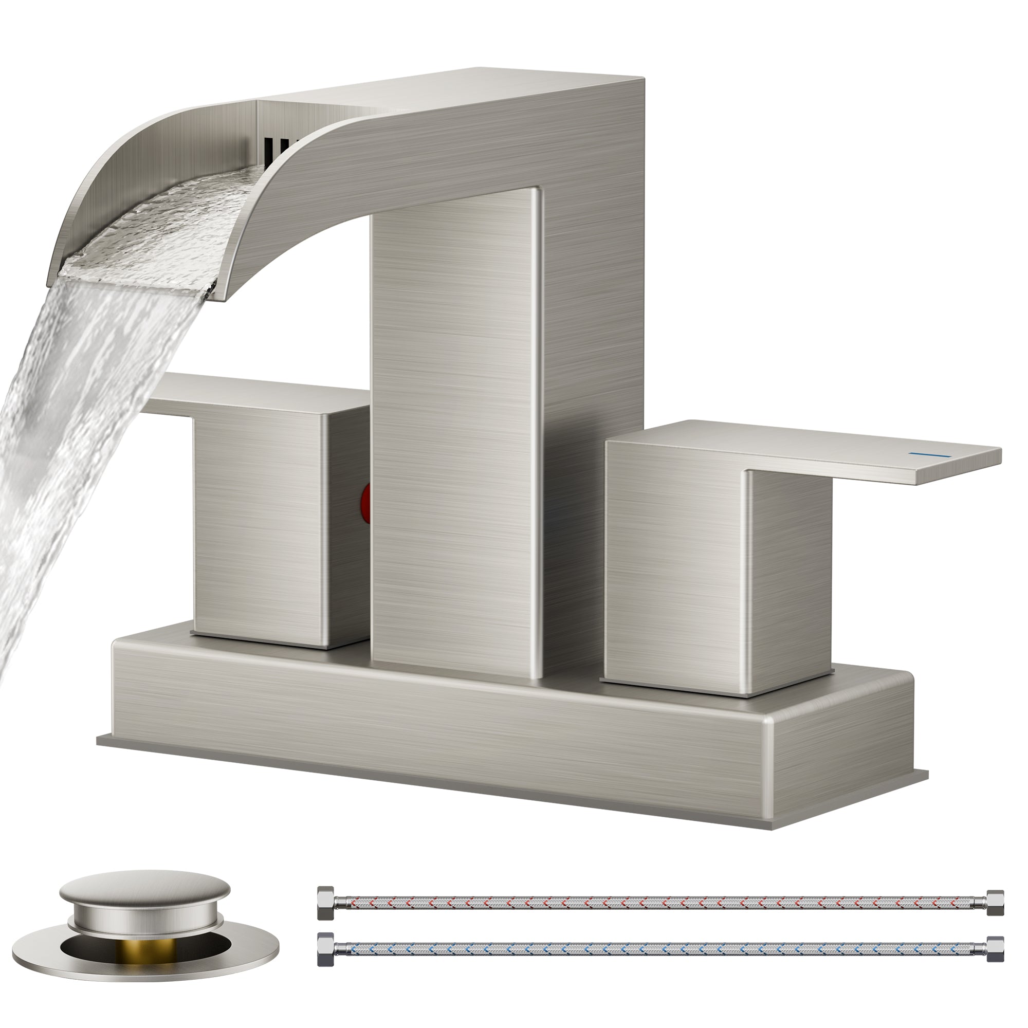 YBlucklly 2-Handle 4-Inch Centerset Waterfall Bathroom Faucet – Brushed Nickel, Brass Build, Pop-Up Drain Included