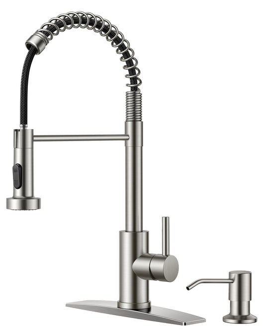 FORIOUS Kitchen Faucet with Soap Dispenser, Brushed Nickel Stainless Steel Spring Sink Faucet with Pull Down Sprayer Transitional Single Handle for Pot Filler, Farmhouse Camper Bar Laundry Room