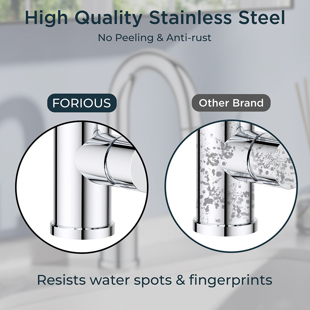 FORIOUS Chrome Bathroom Faucet with Pull Down Sprayer, Single Hole Bar Sink Faucet 1 Hole with Pop Up Drain Hose, Suitable for Bathroom, RV,Vanity, Restroom & Utility Sink