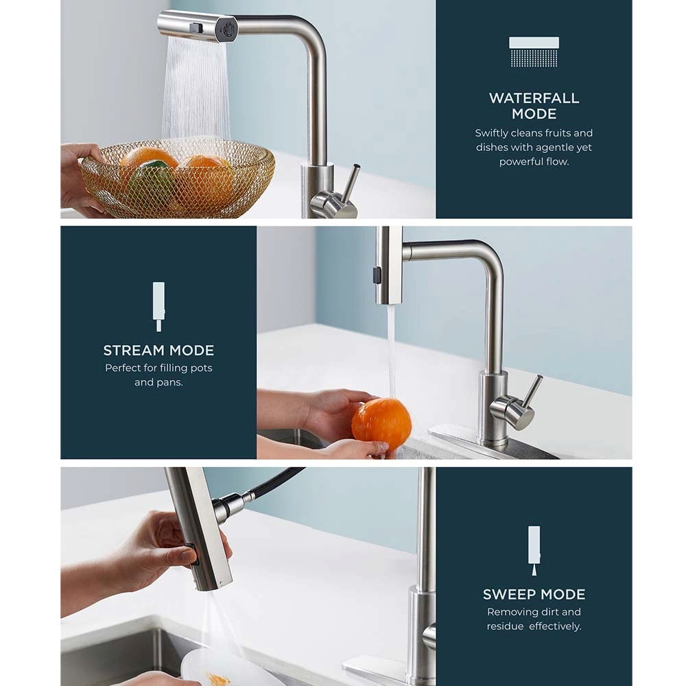 Kitchen Faucets with Pull Down Sprayer, Stainless Steel Kitchen Sink Faucet 3 in 1 Function, Waterfall Modern Faucet for Kitchen Sink