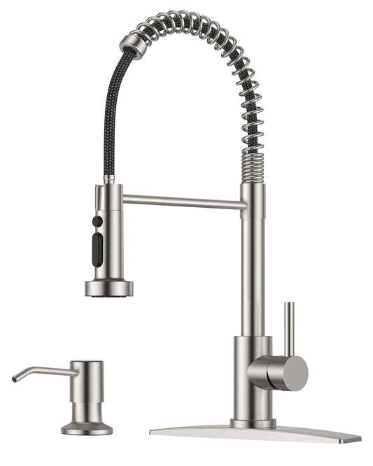 FORIOUS Kitchen Faucet with Soap Dispenser, Stainless Steel Kitchen Sink Faucet with Pull Down Sprayer Burhsed Nickel Single Handle Modern Spring Commercial for Laundry Room RV Camp Bar Farmhouse