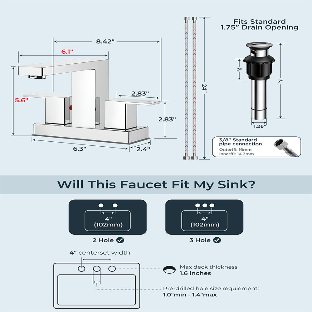 FORIOUS Chrome Bathroom Faucets Centerset, 2 Handle 4 Inch Centerset Bathroom Sink Faucet Chrome with Metal Pop Up Drain, 24" CUPC Hose and 1.2 PGM Spare Water Saving Aerator FB-61033CH