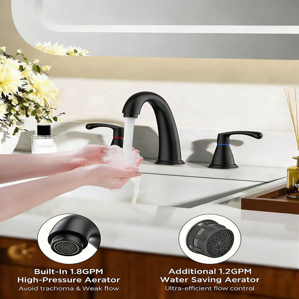 FORIOUS Black Bathroom Faucet 3 Hole, Widespread Bathroom Sink Faucet 8 Inch with Pop Up Drain and CUPC Supply Hose, 2 Handle for Vanity Rv Commercial Lavatory Restroom