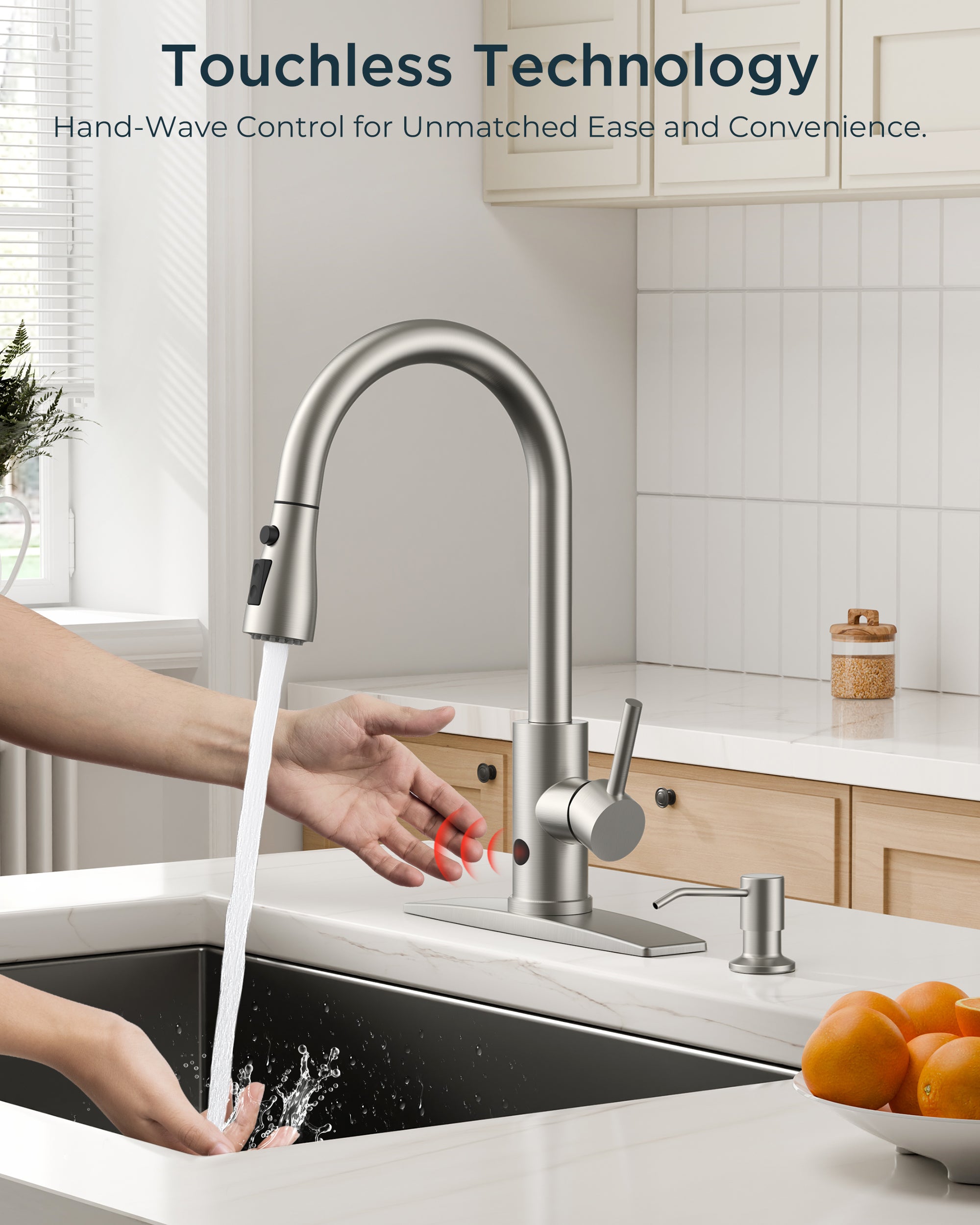 FORIOUS Touchless Kitchen Faucet with Soap Dispenser, Brushed Nickel, Hands-Free, Smart Motion Sensor Contemporary Bar Sink Faucet with Pull Down Sprayer for Farmhouse RV Camper