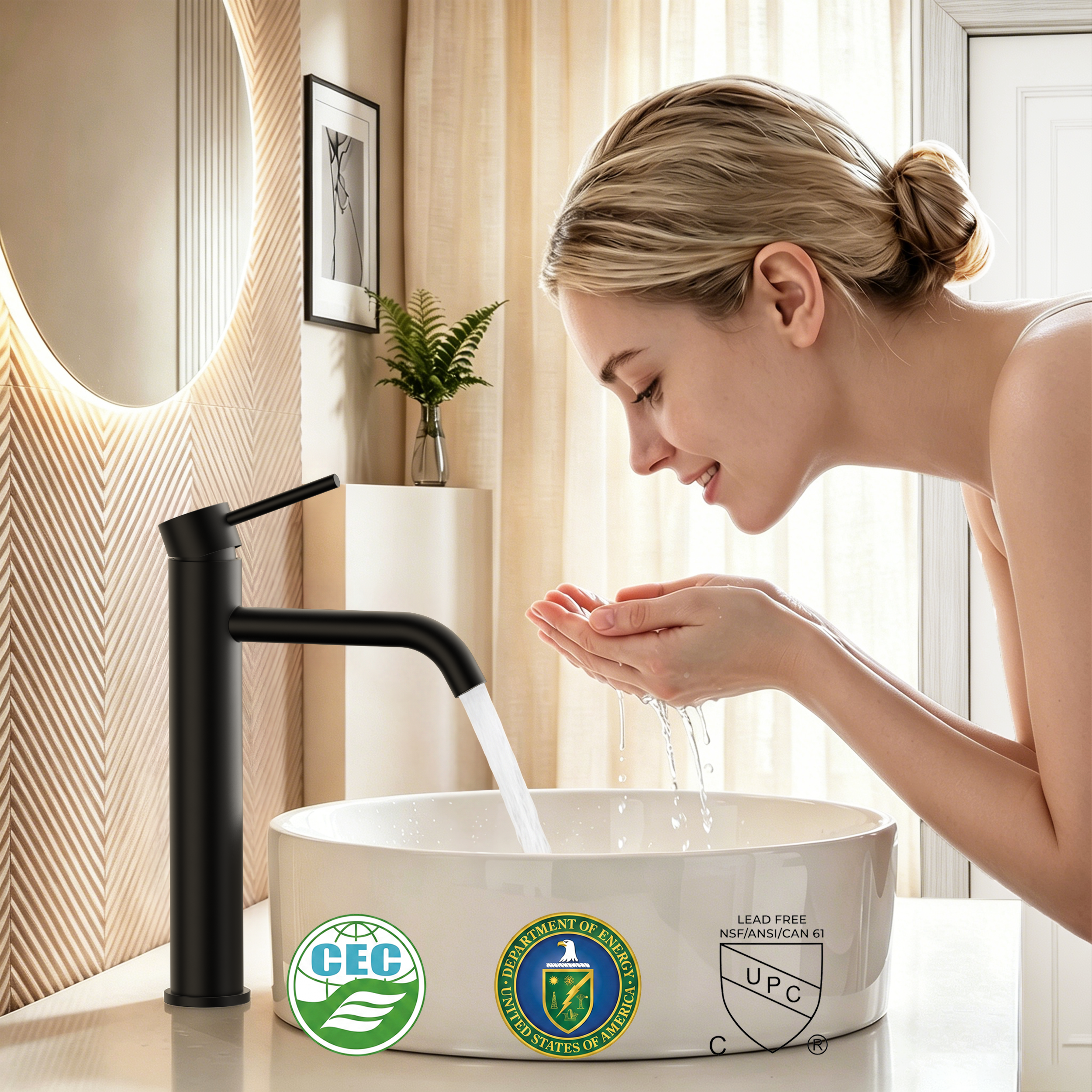 FORIOUS Matte Black Bathroom Vessel Sink Faucet 1 Hole, Tall Bathroom Faucet Single Handle One Hole with Pop Up Drain and Supply Lines, Basin Bowl Vanity Lavatory Residential/Commercial Use